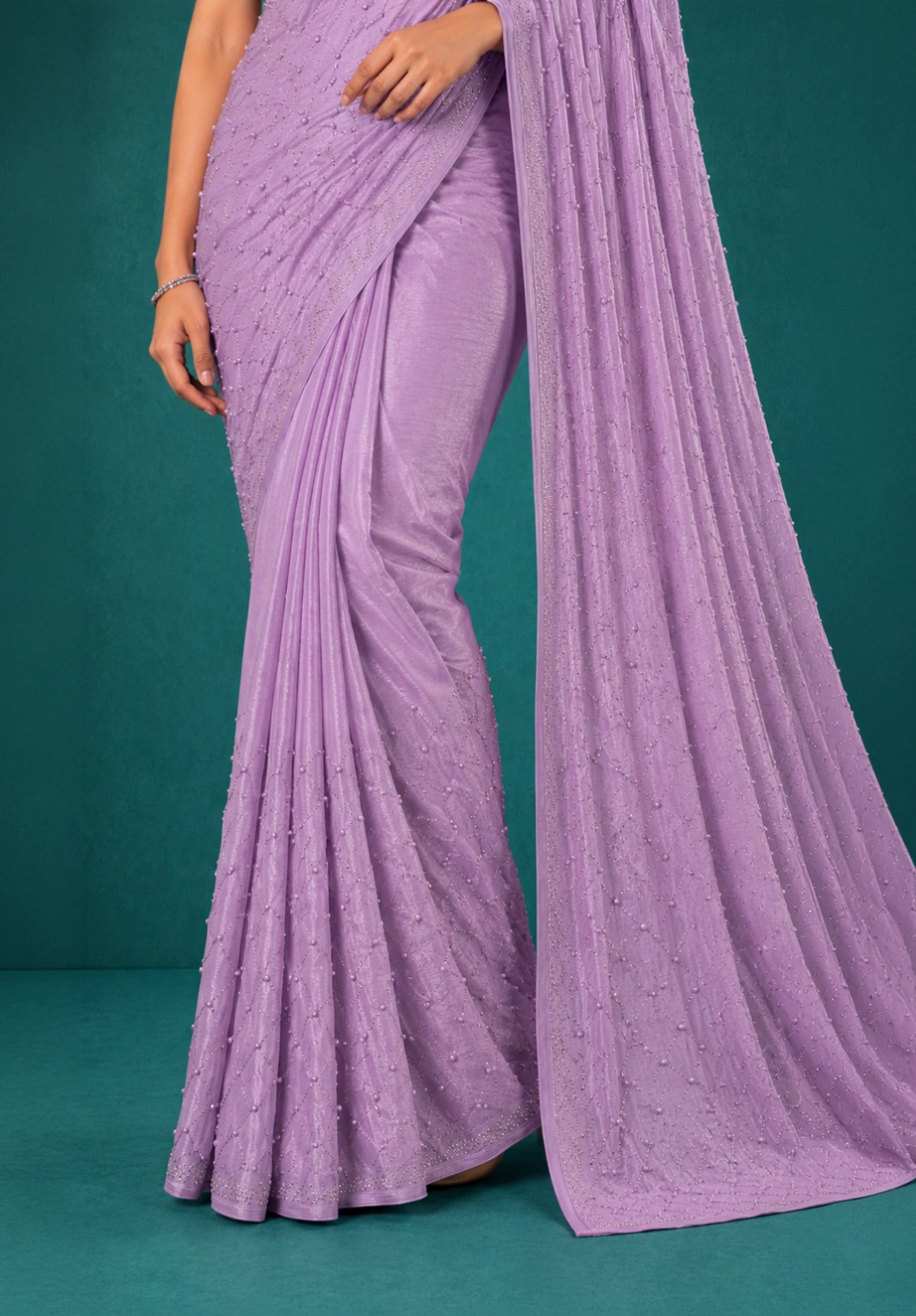 Lavender Chiffon Party Wear Saree with Pearl Work