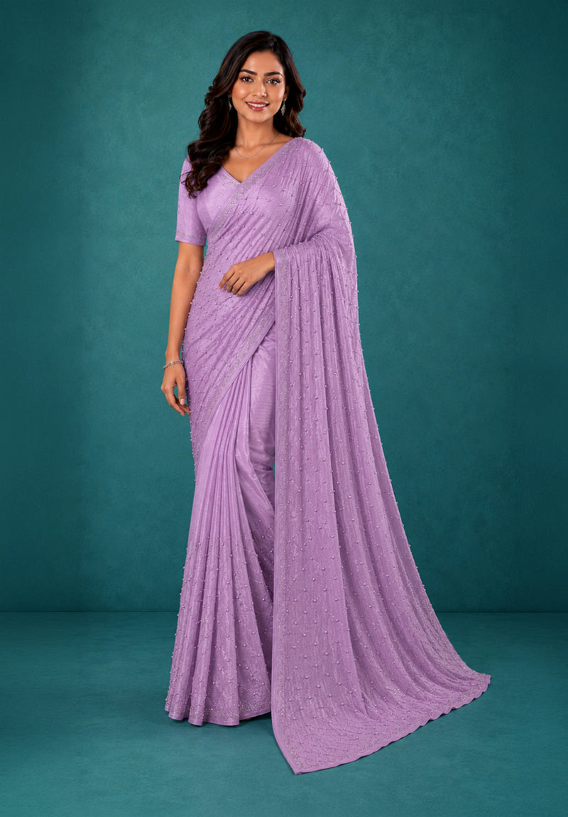Lavender Chiffon Party Wear Saree with Pearl Work