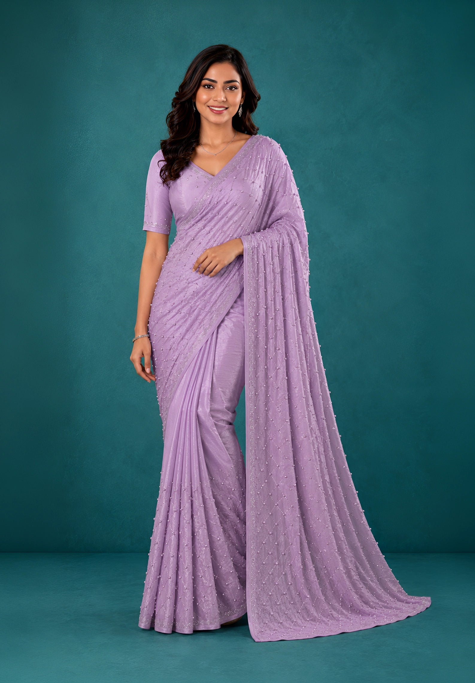 Lavender Chiffon Party Wear Saree with Pearl Work