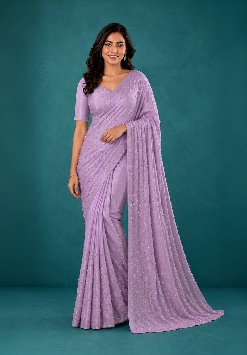 Lavender Chiffon Party Wear Saree with Pearl Work