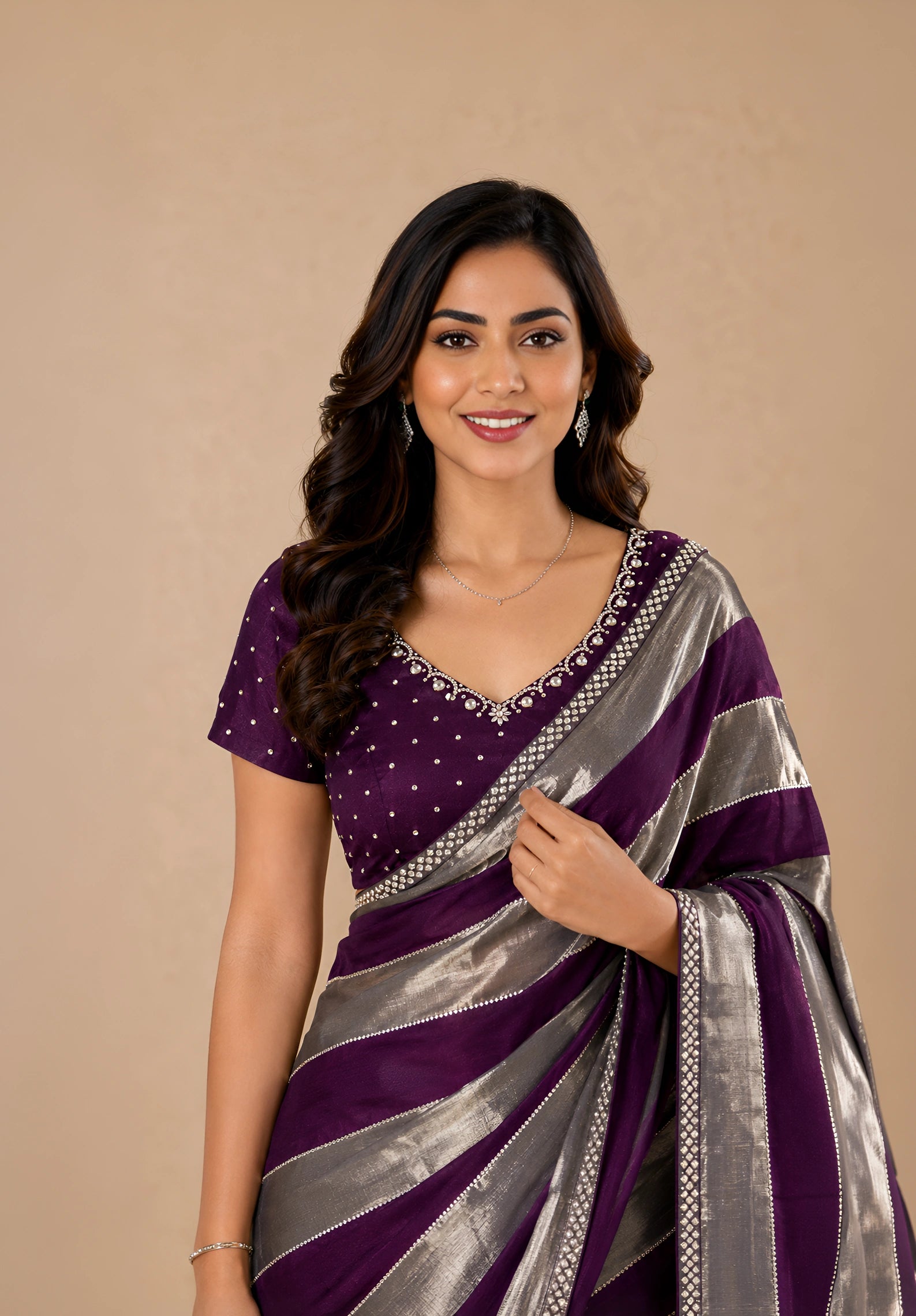 Deep Wine & Silver Striped Satin Festive Saree with Embellished Border