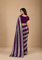 Deep Wine & Silver Striped Satin Festive Saree with Embellished Border
