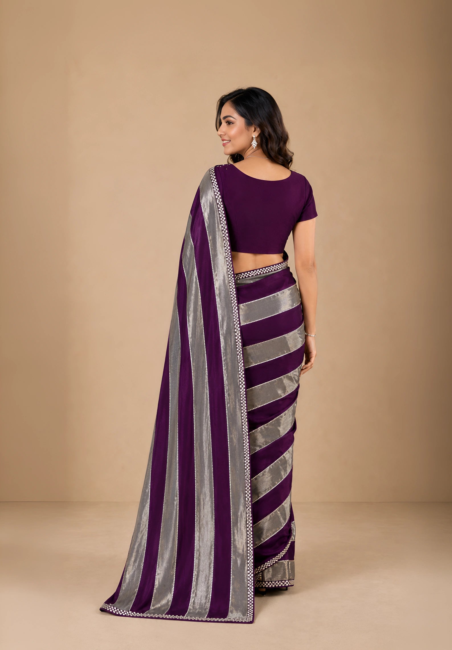 Deep Wine & Silver Striped Satin Festive Saree with Embellished Border