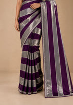 Deep Wine & Silver Striped Satin Festive Saree with Embellished Border