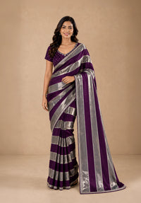 Deep Wine & Silver Striped Satin Festive Saree with Embellished Border
