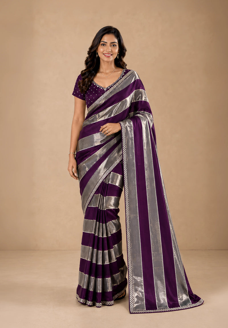 Deep Wine & Silver Striped Satin Festive Saree with Embellished Border
