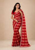 Crimson Red & Peach Striped Satin Festive Saree with Embellished Border