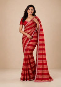 Crimson Red & Peach Striped Satin Festive Saree with Embellished Border