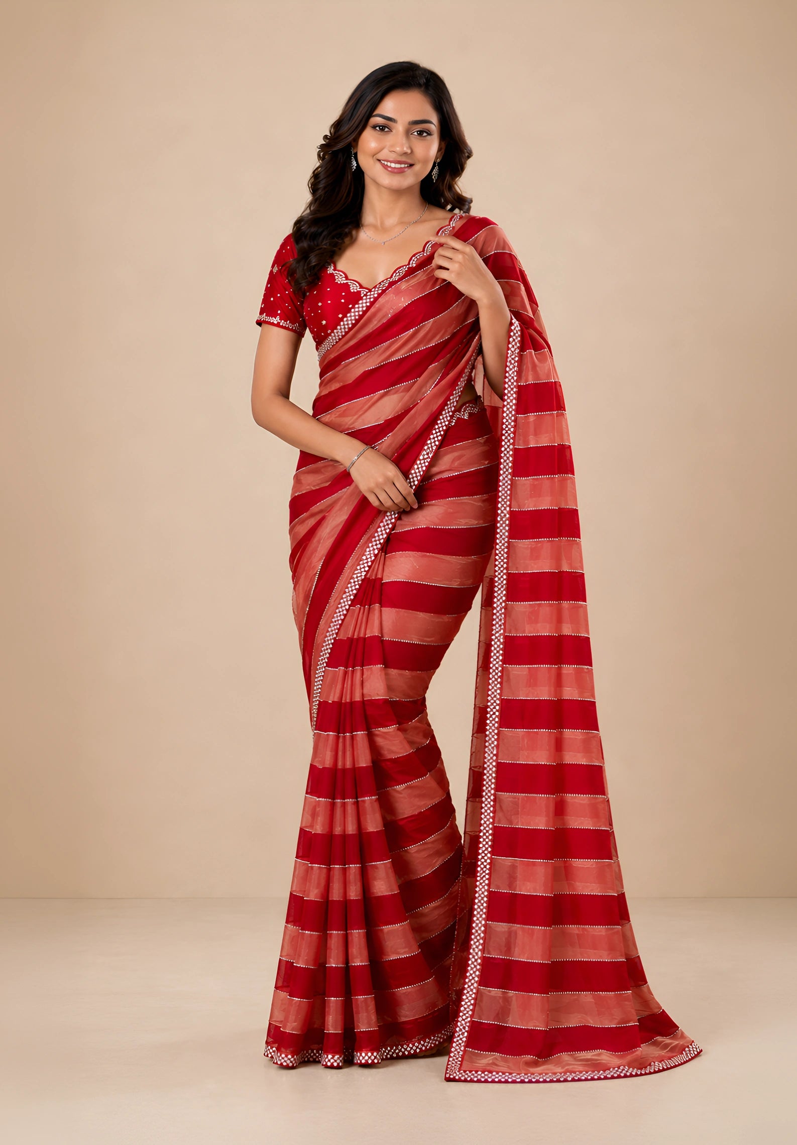 Crimson Red & Peach Striped Satin Festive Saree with Embellished Border