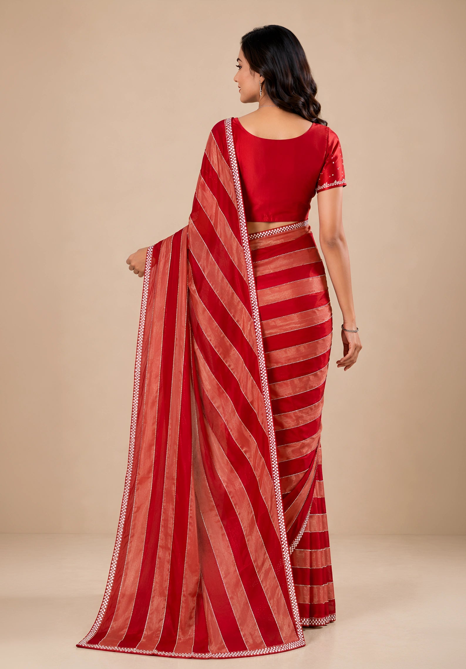 Crimson Red & Peach Striped Satin Festive Saree with Embellished Border