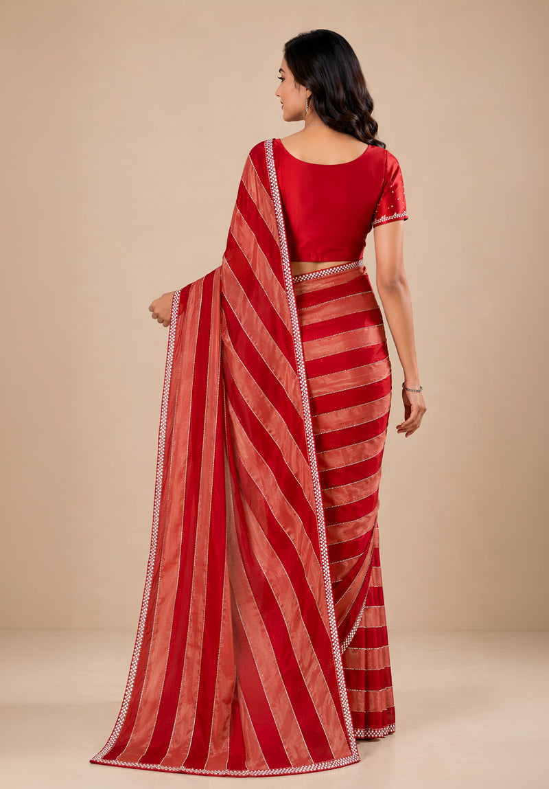 Crimson Red & Peach Striped Satin Festive Saree with Embellished Border