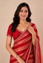 Crimson Red & Peach Striped Satin Festive Saree with Embellished Border