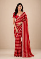 Crimson Red & Peach Striped Satin Festive Saree with Embellished Border