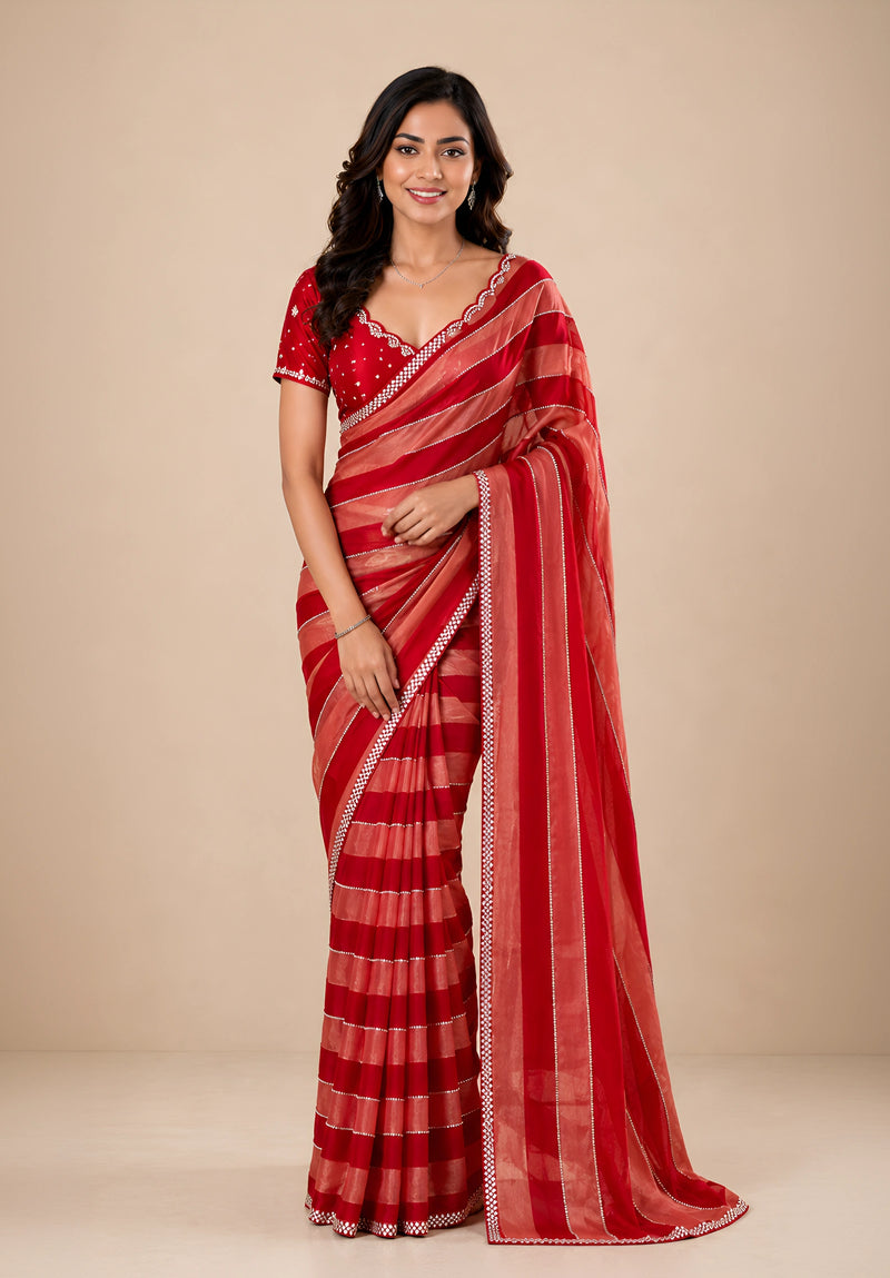 Crimson Red & Peach Striped Satin Festive Saree with Embellished Border