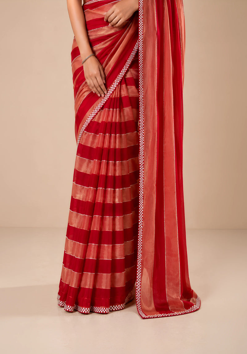 Crimson Red & Peach Striped Satin Festive Saree with Embellished Border