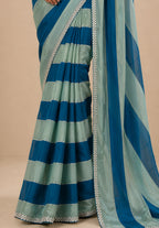 Teal & Sage Green Striped Satin Festive Saree with Embellished Border