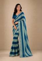 Teal & Sage Green Striped Satin Festive Saree with Embellished Border