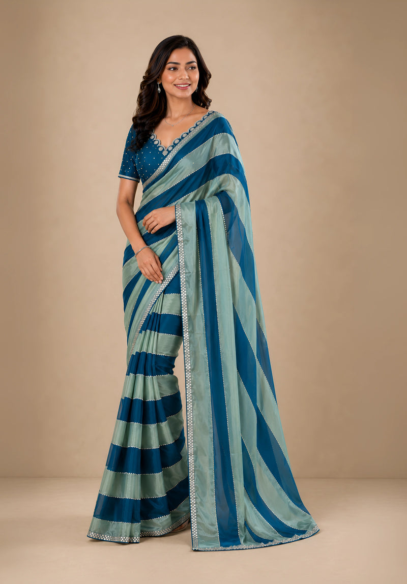Teal & Sage Green Striped Satin Festive Saree with Embellished Border