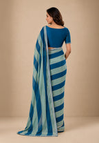 Teal & Sage Green Striped Satin Festive Saree with Embellished Border