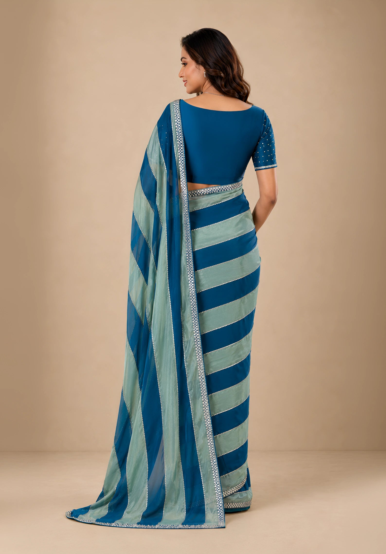 Teal & Sage Green Striped Satin Festive Saree with Embellished Border