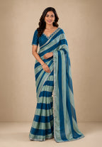 Teal & Sage Green Striped Satin Festive Saree with Embellished Border