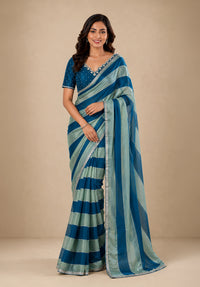 Teal & Sage Green Striped Satin Festive Saree with Embellished Border