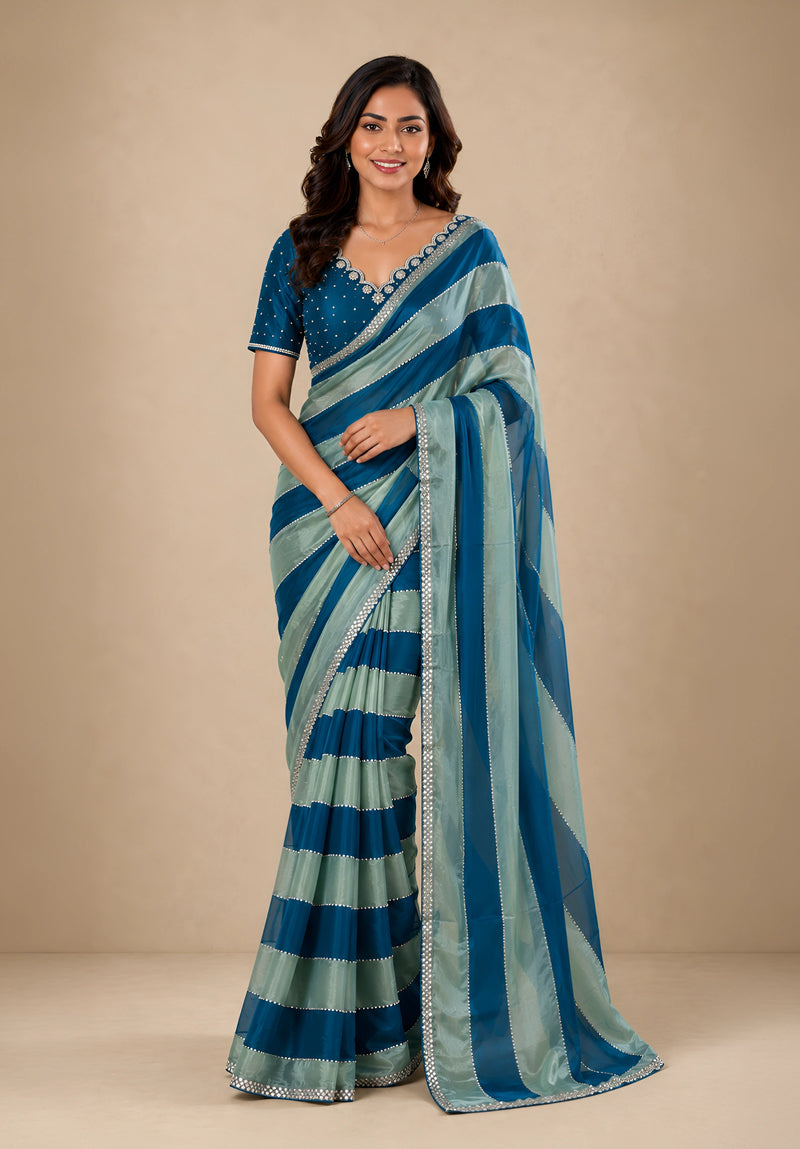 Teal & Sage Green Striped Satin Festive Saree with Embellished Border