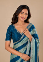 Teal & Sage Green Striped Satin Festive Saree with Embellished Border