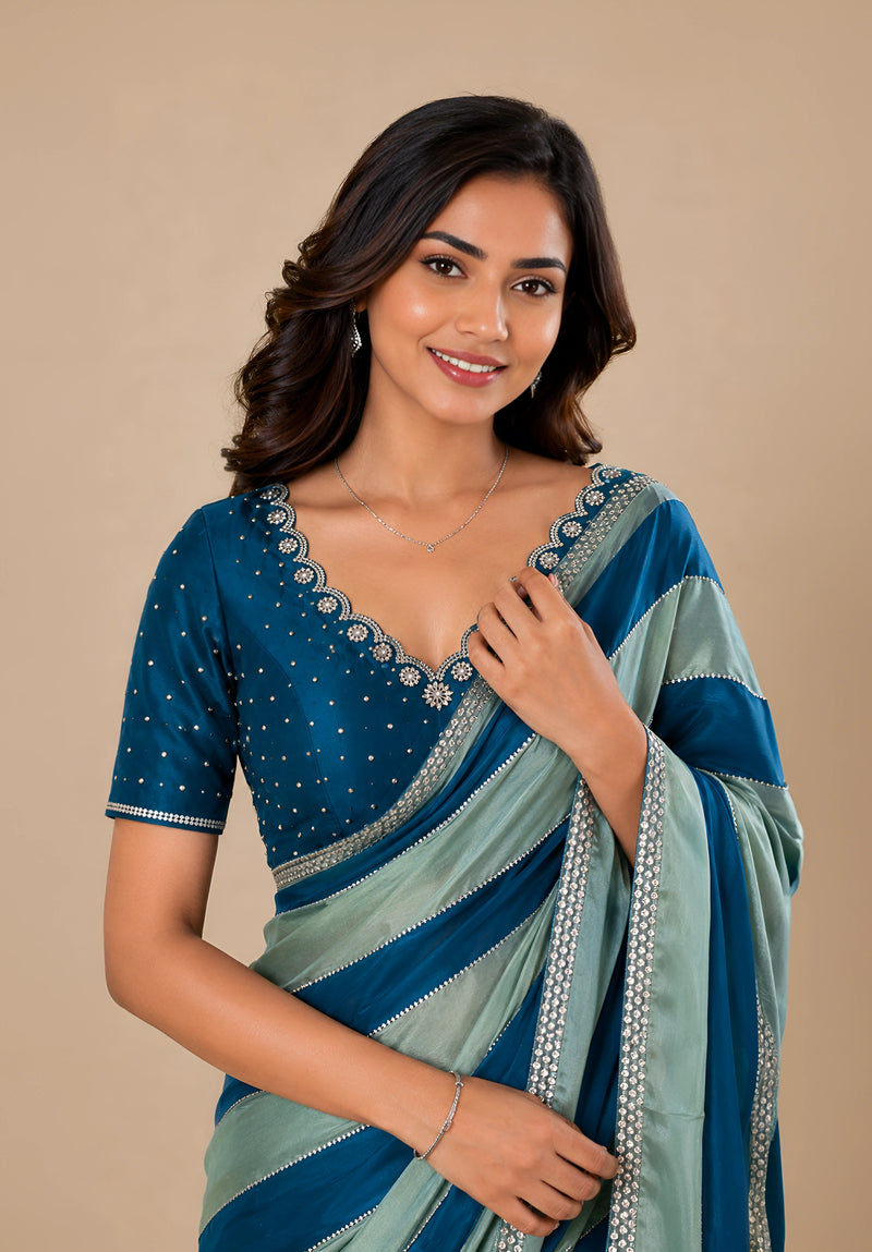 Teal & Sage Green Striped Satin Festive Saree with Embellished Border