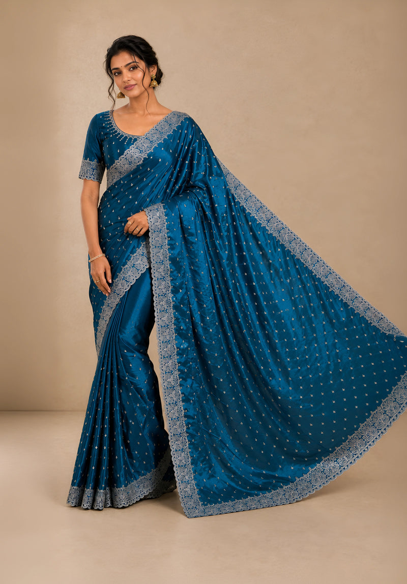 Royal Blue Satin Saree with Scalloped Flower Embroidery
