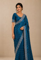 Royal Blue Satin Saree with Scalloped Flower Embroidery