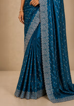 Royal Blue Satin Saree with Scalloped Flower Embroidery