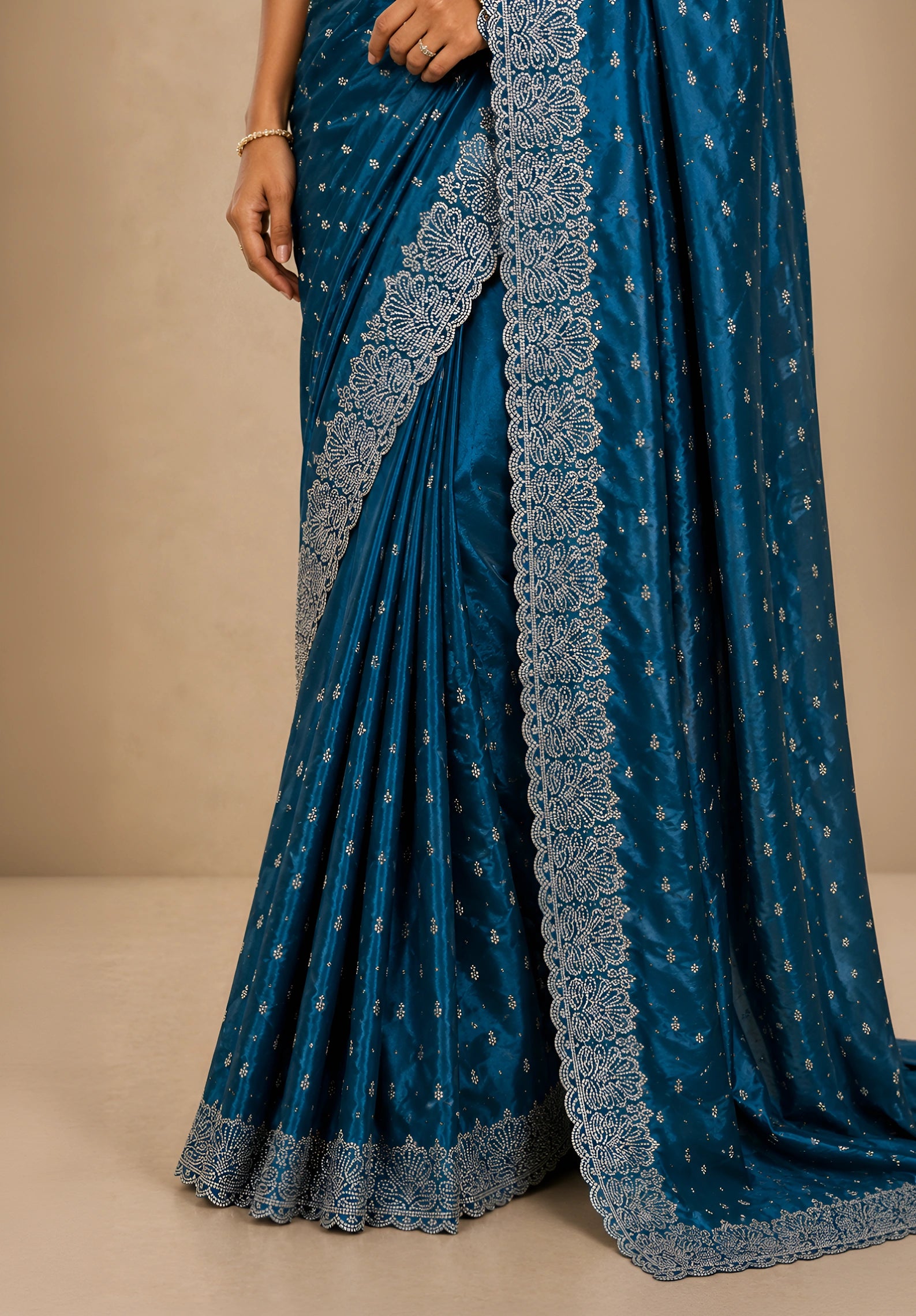 Royal Blue Satin Saree with Scalloped Flower Embroidery