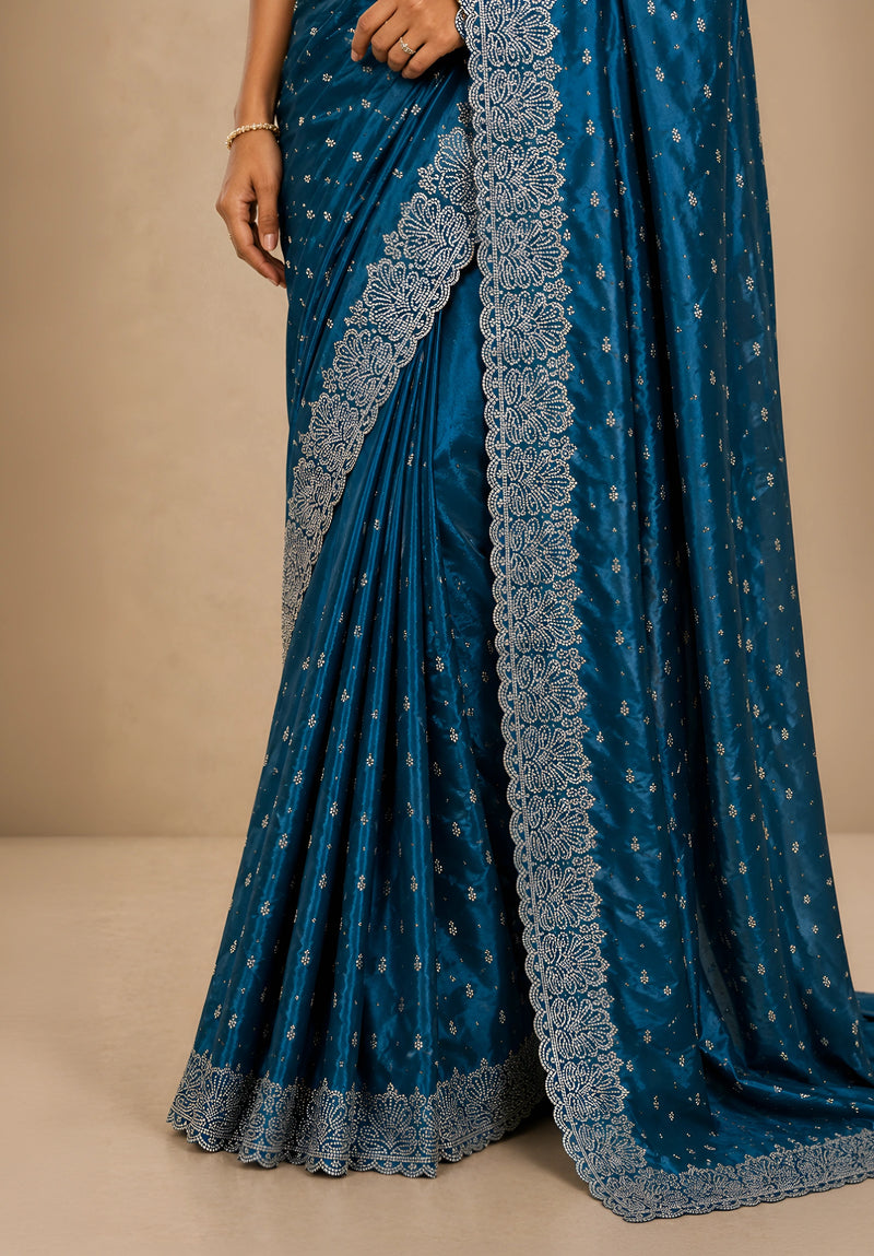 Royal Blue Satin Saree with Scalloped Flower Embroidery