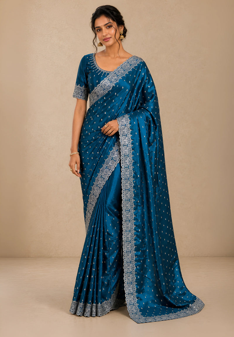 Royal Blue Satin Saree with Scalloped Flower Embroidery