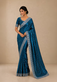 Royal Blue Satin Saree with Scalloped Flower Embroidery