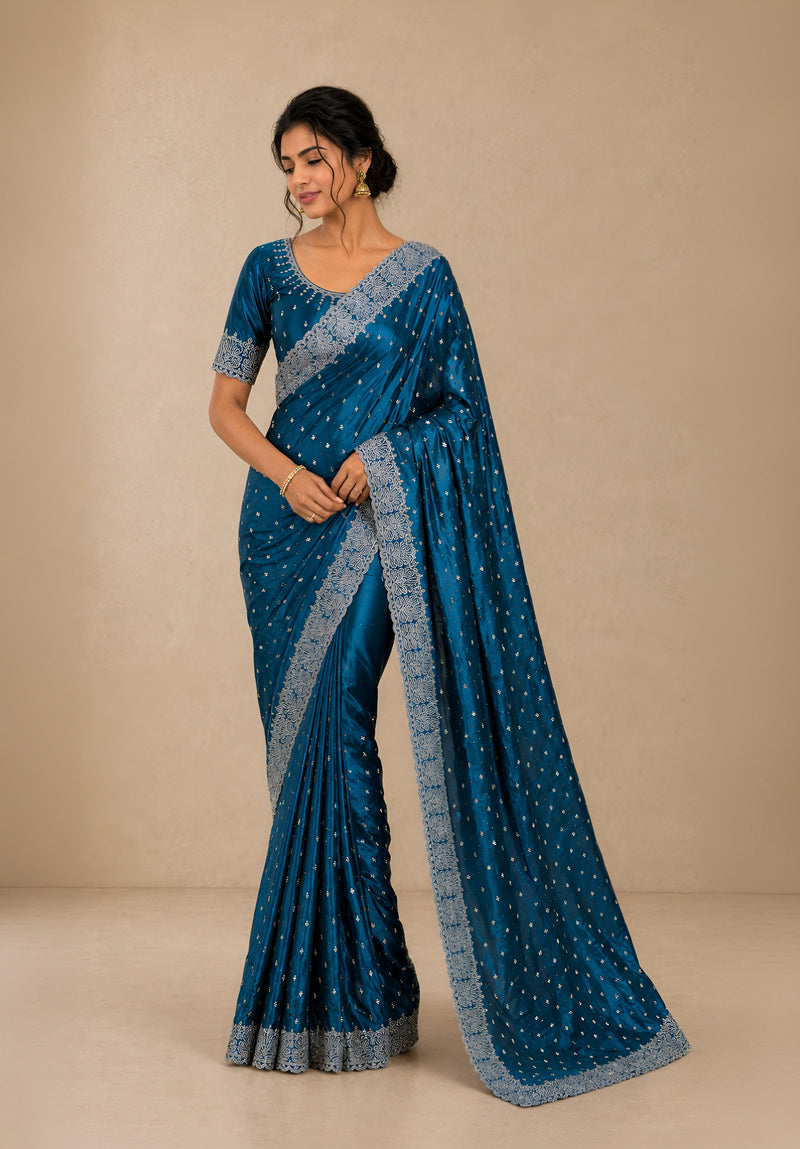 Royal Blue Satin Saree with Scalloped Flower Embroidery