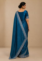 Royal Blue Satin Saree with Scalloped Flower Embroidery