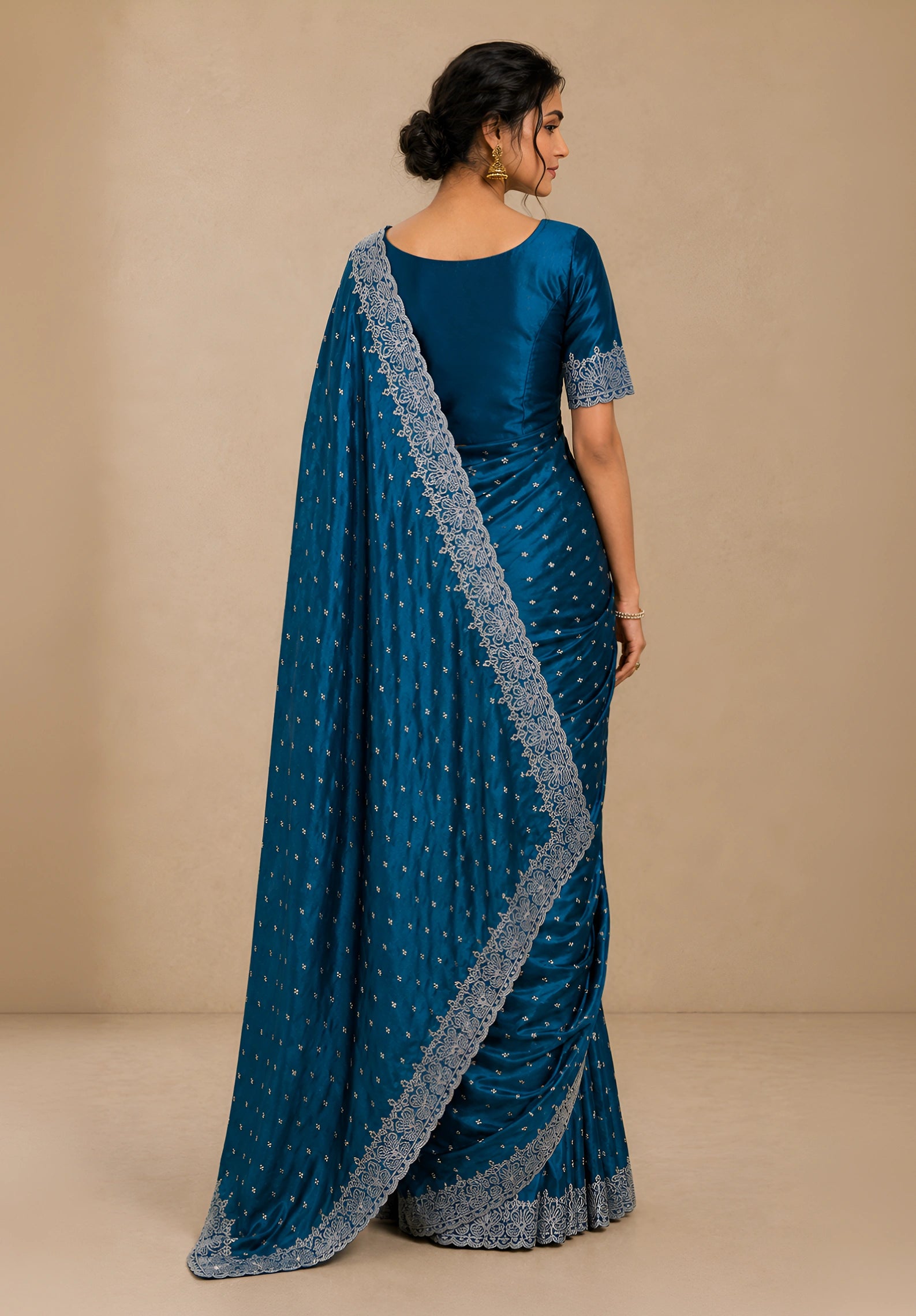 Royal Blue Satin Saree with Scalloped Flower Embroidery