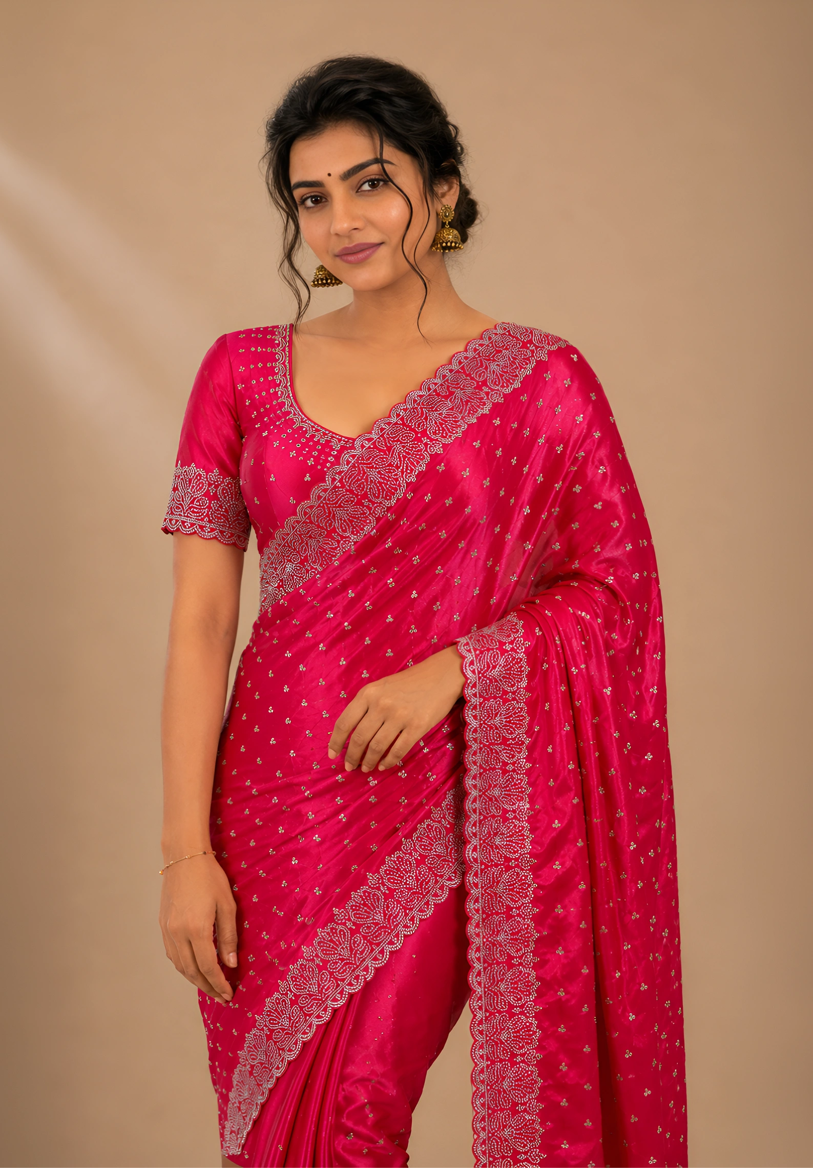 Rani Pink Satin Saree with Scalloped Flower Embroidery