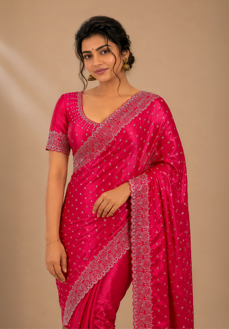 Rani Pink Satin Saree with Scalloped Flower Embroidery