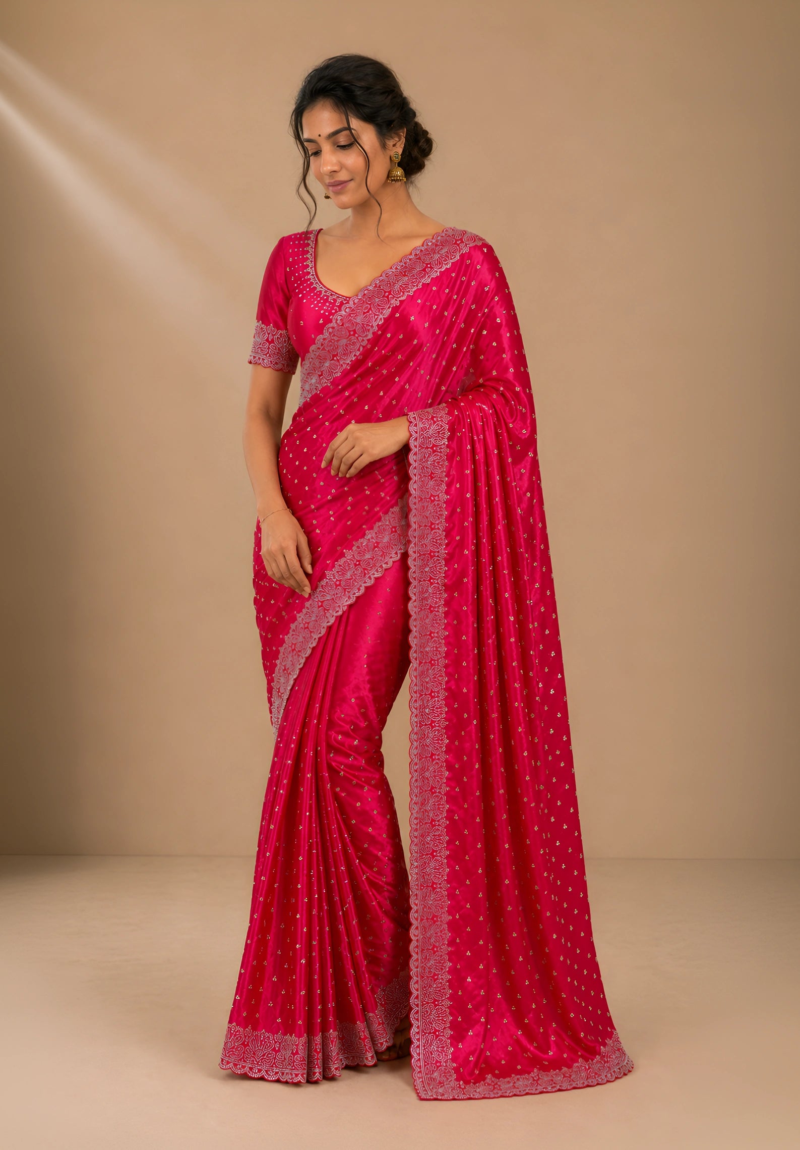 Rani Pink Satin Saree with Scalloped Flower Embroidery