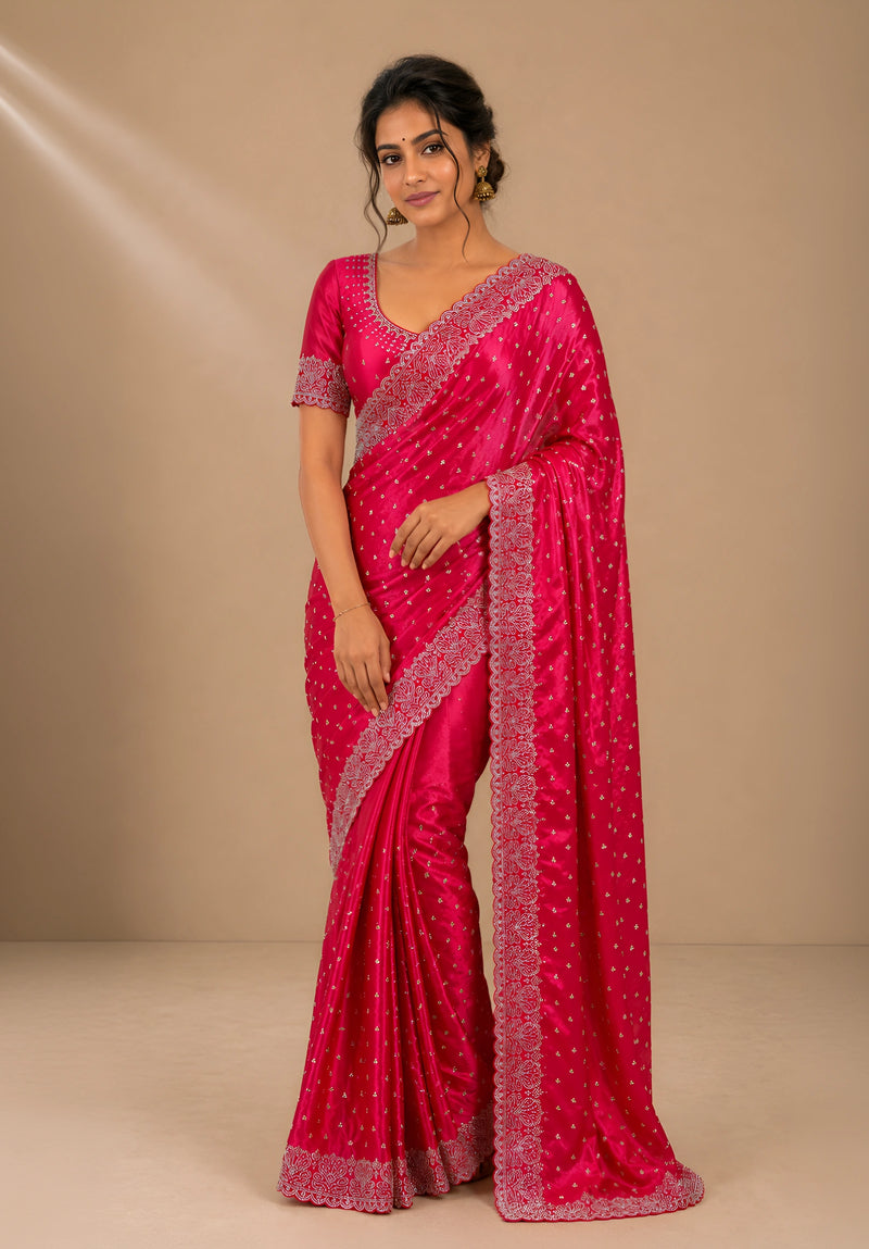 Rani Pink Satin Saree with Scalloped Flower Embroidery