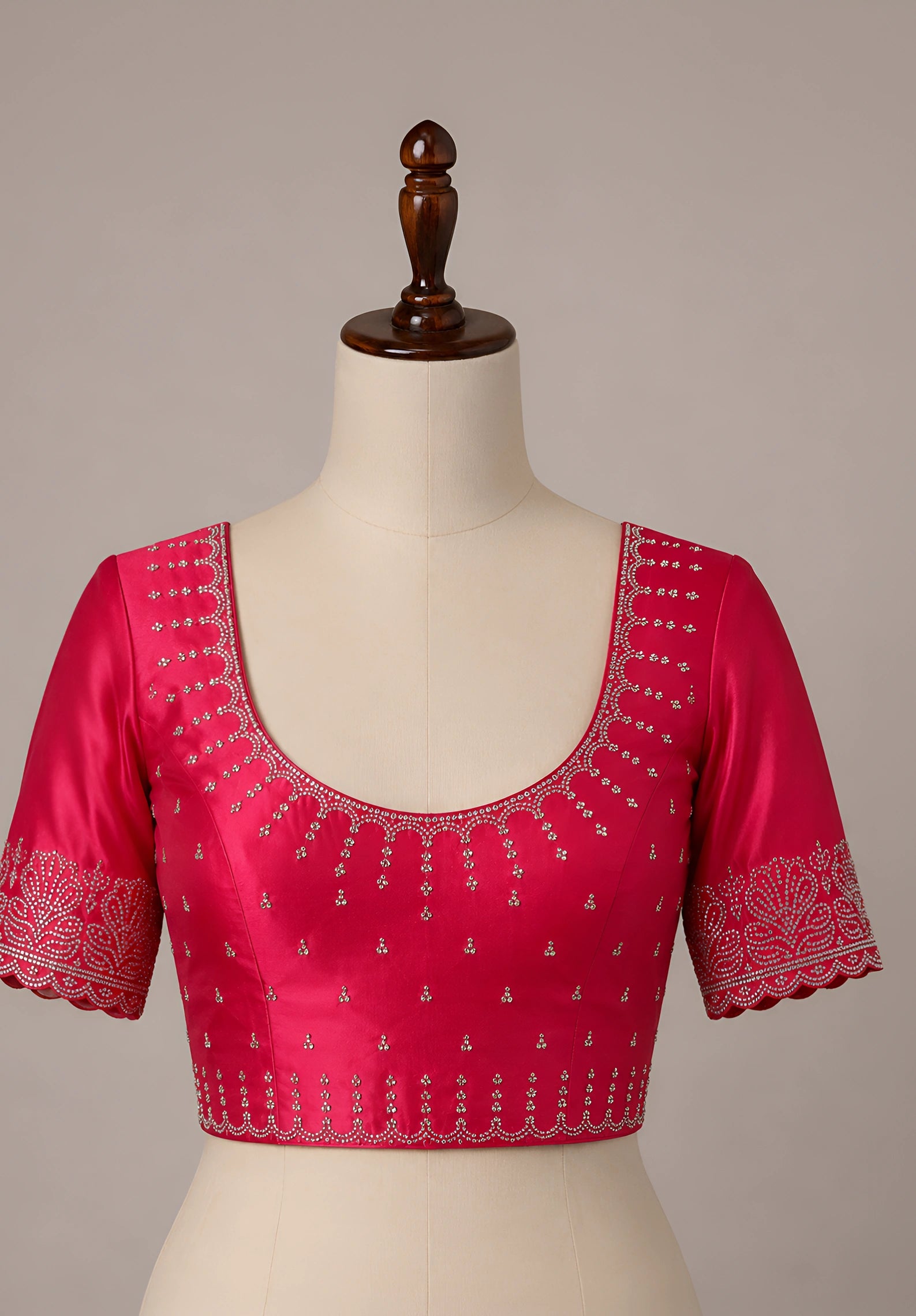 Rani Pink Satin Saree with Scalloped Flower Embroidery