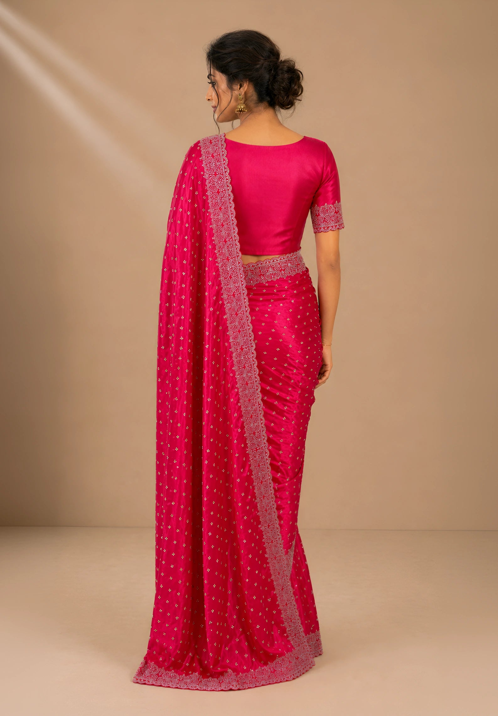 Rani Pink Satin Saree with Scalloped Flower Embroidery