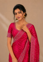 Rani Pink Satin Saree with Scalloped Flower Embroidery