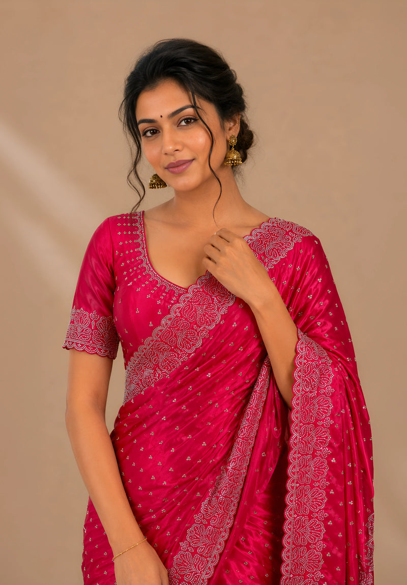 Rani Pink Satin Saree with Scalloped Flower Embroidery