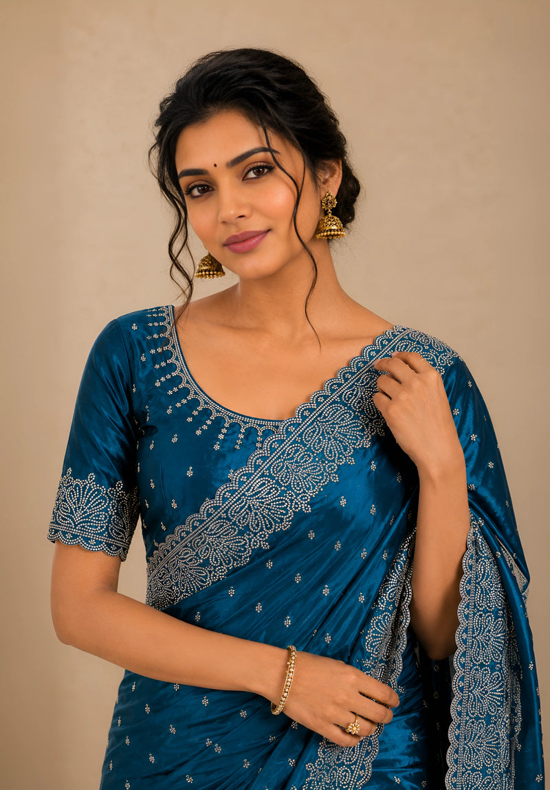 Royal Blue Satin Saree with Scalloped Flower Embroidery