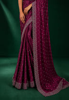 Magenta Wine Satin Saree with Scalloped Flower Embroidery