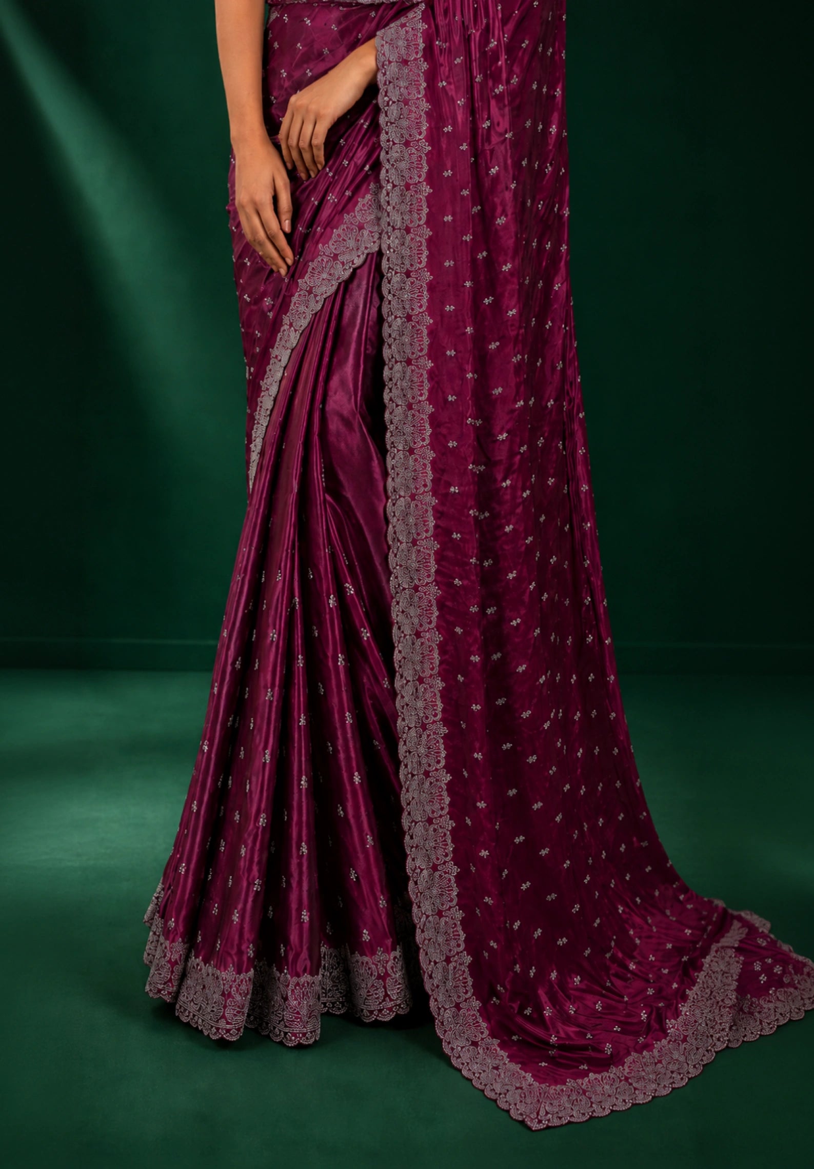 Magenta Wine Satin Saree with Scalloped Flower Embroidery